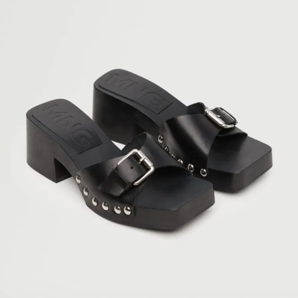 MNG Studded Black Leather Buckle Clog Mules